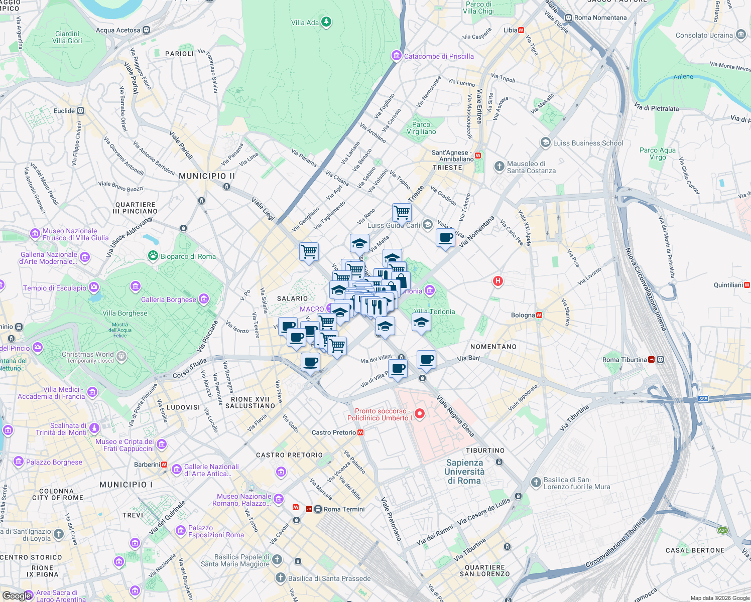 map of restaurants, bars, coffee shops, grocery stores, and more near 220 Via Alessandria in Roma