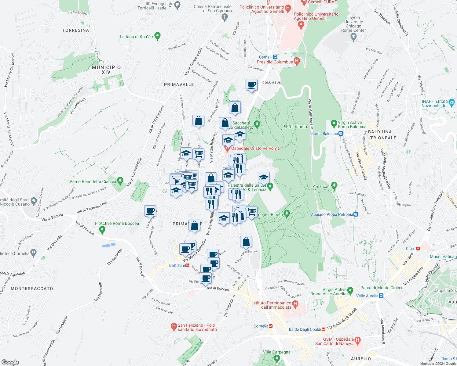 map of restaurants, bars, coffee shops, grocery stores, and more near in Roma