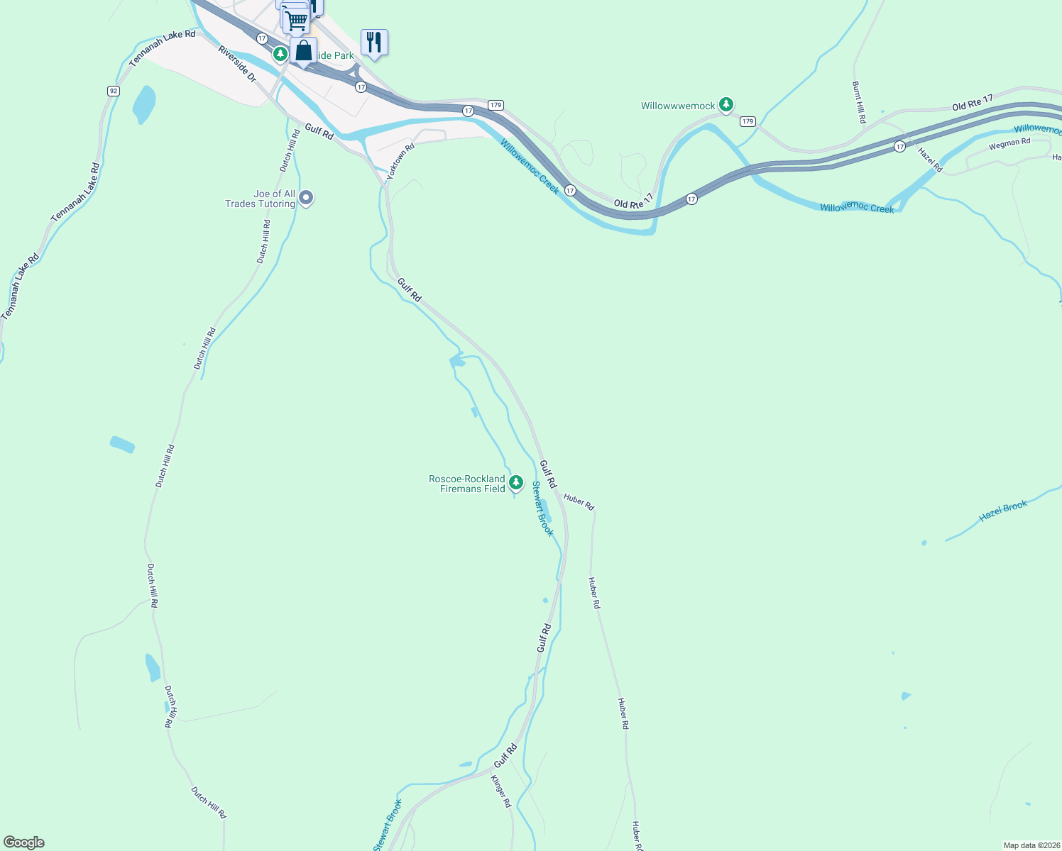 map of restaurants, bars, coffee shops, grocery stores, and more near 290 Gulf Road in Roscoe
