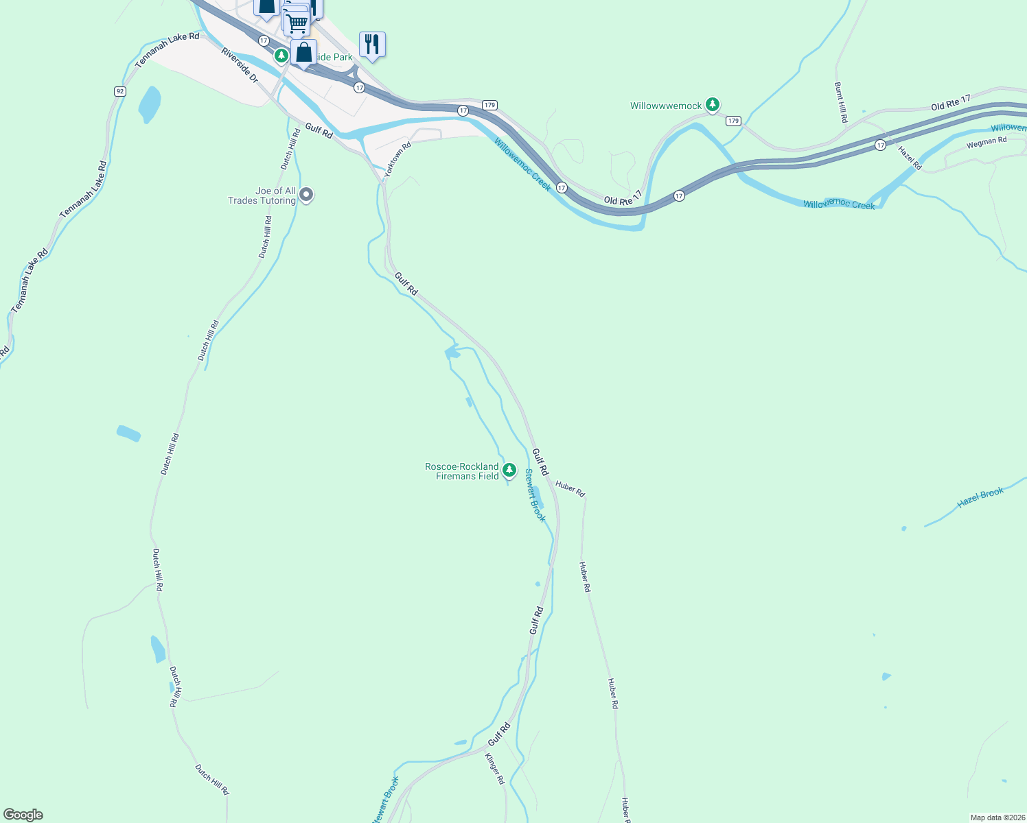 map of restaurants, bars, coffee shops, grocery stores, and more near 290 Gulf Road in Roscoe