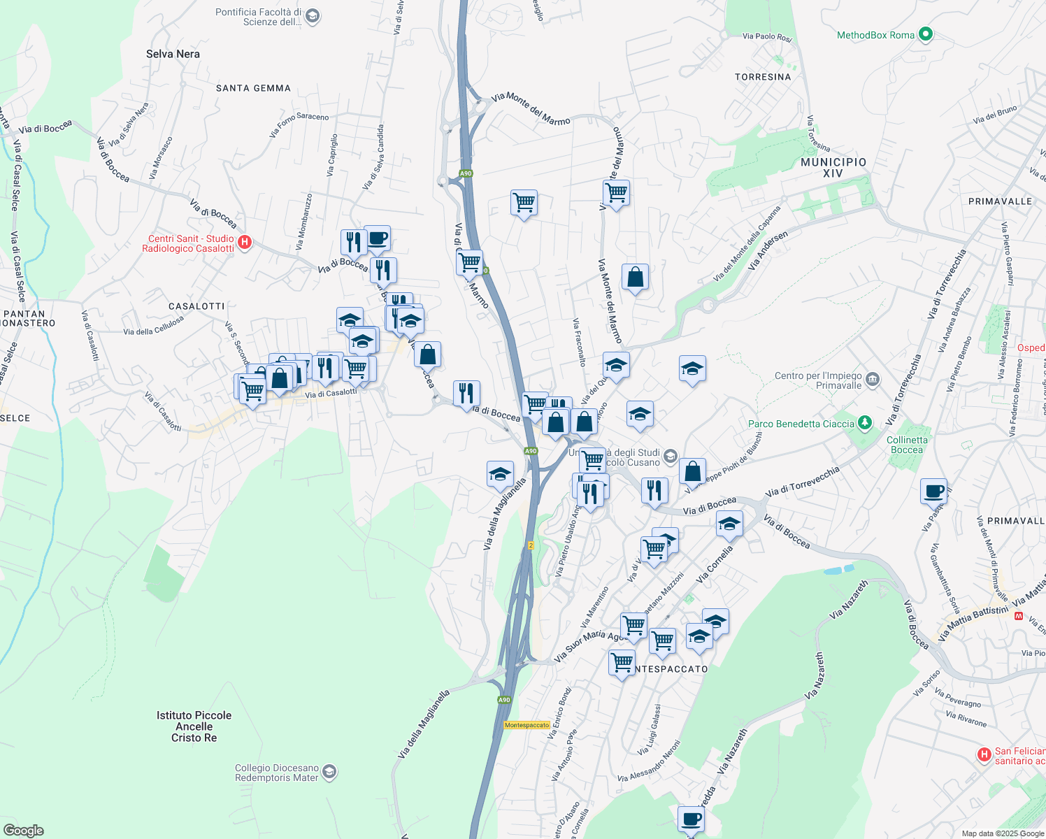 map of restaurants, bars, coffee shops, grocery stores, and more near 350/A Via della Maglianella in Roma