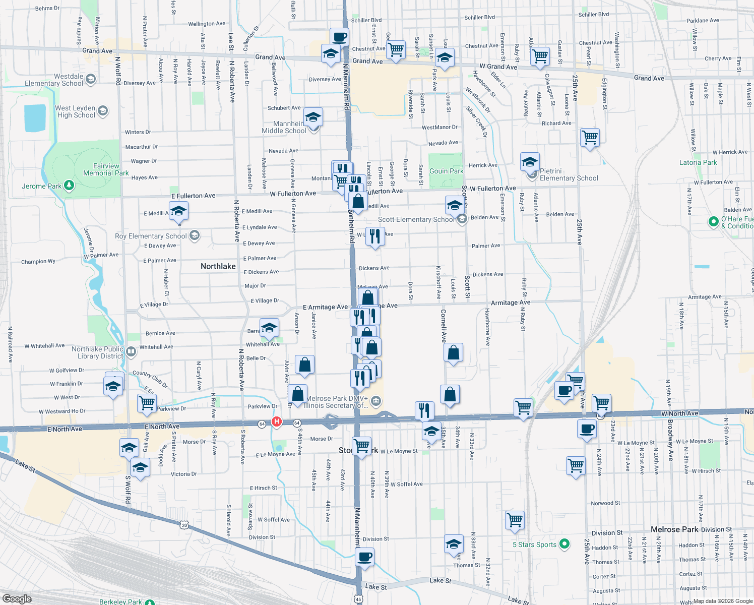 map of restaurants, bars, coffee shops, grocery stores, and more near 10308 Armitage Avenue in Melrose Park