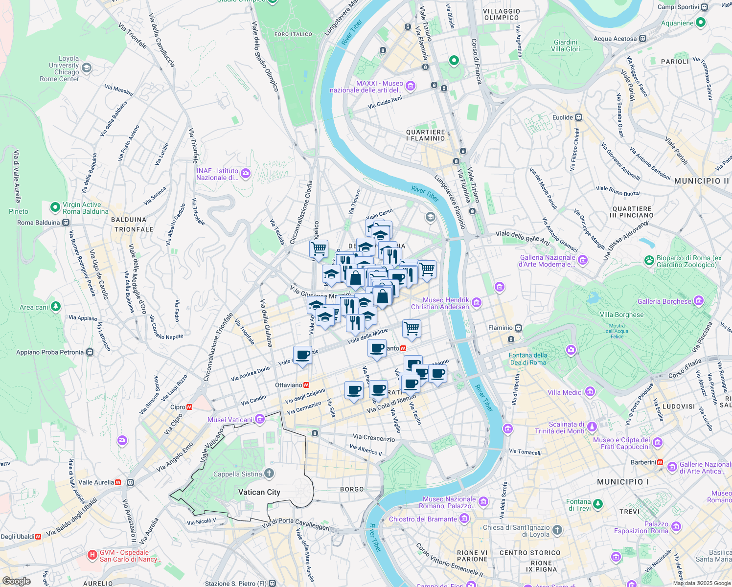 map of restaurants, bars, coffee shops, grocery stores, and more near 8 Via Enrico Tazzoli in Rome