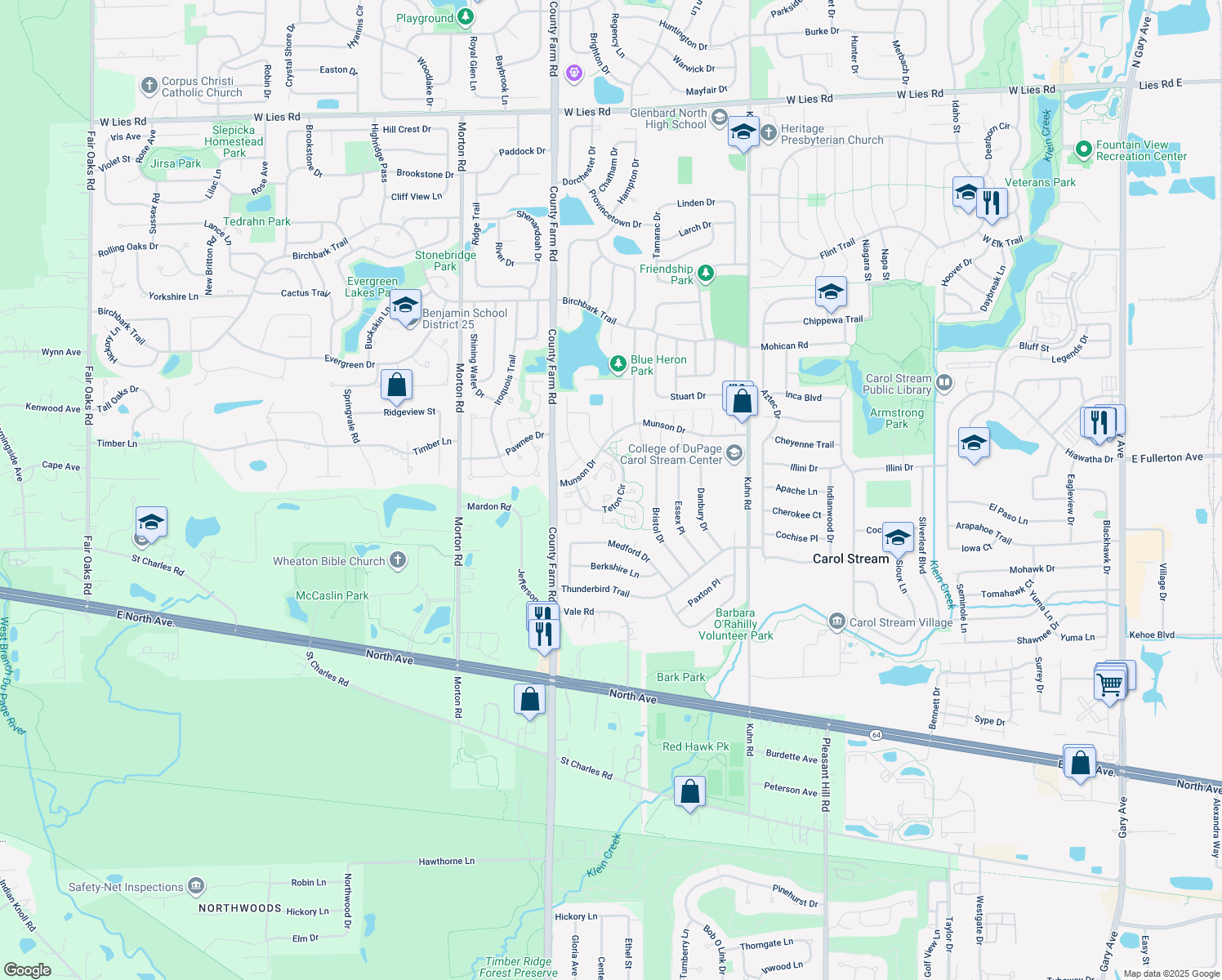map of restaurants, bars, coffee shops, grocery stores, and more near 515 Dakota Court in Carol Stream