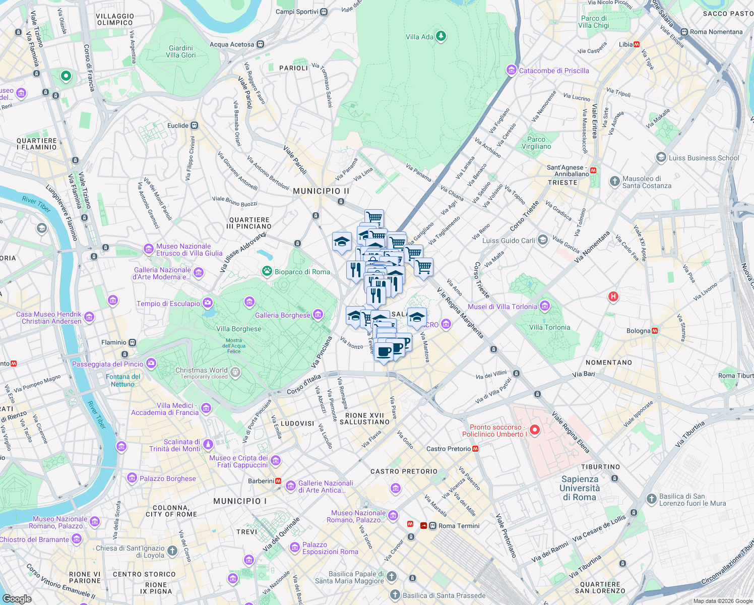 map of restaurants, bars, coffee shops, grocery stores, and more near 50/C Via Po in Rome