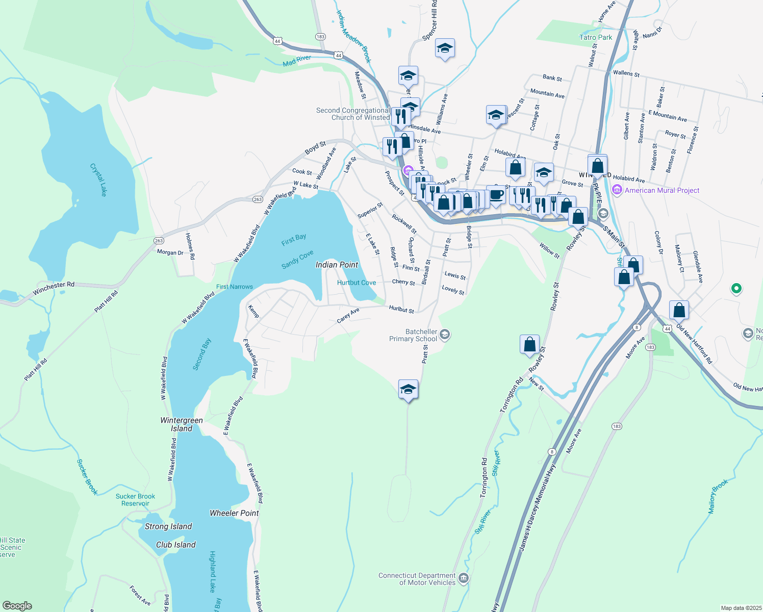 map of restaurants, bars, coffee shops, grocery stores, and more near 55 Hurlbut St in Winchester