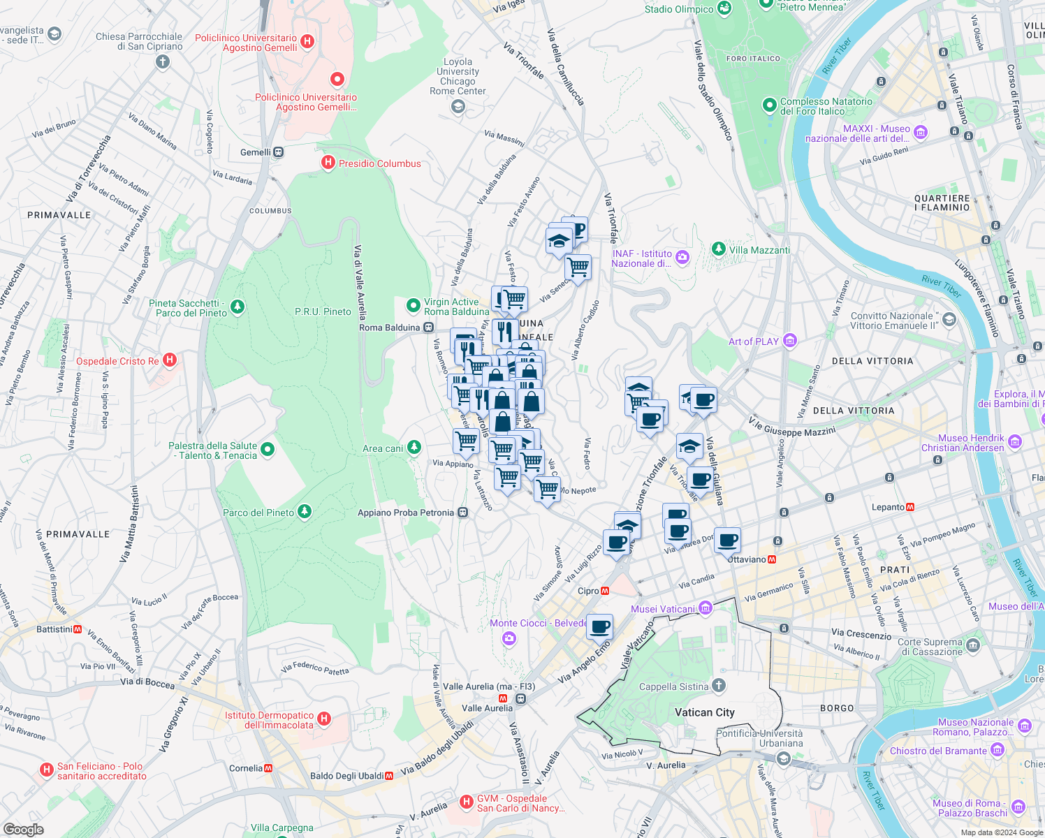 map of restaurants, bars, coffee shops, grocery stores, and more near 183 Viale delle Medaglie d'Oro in Roma