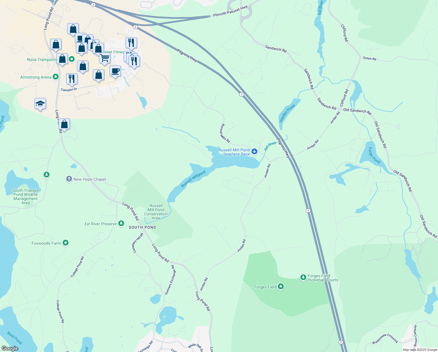 map of restaurants, bars, coffee shops, grocery stores, and more near 55 Kingfisher Lane in Plymouth