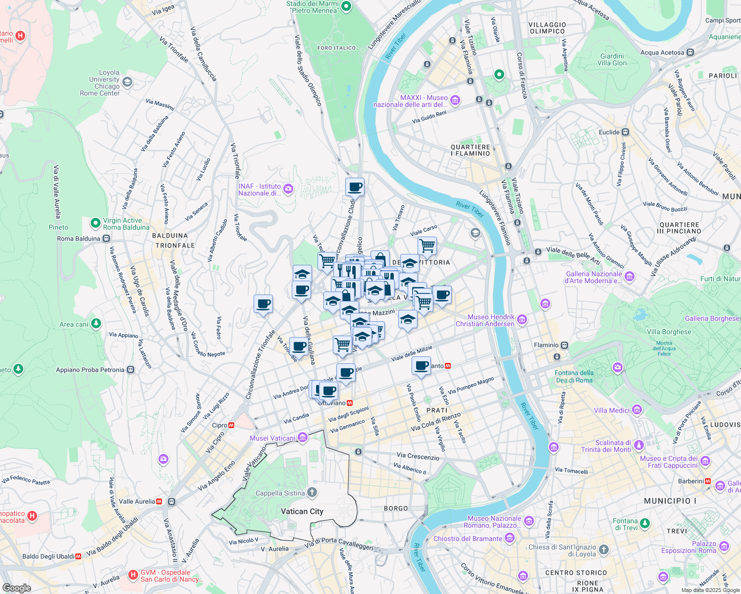 map of restaurants, bars, coffee shops, grocery stores, and more near 19 Via Monte Santo in Roma