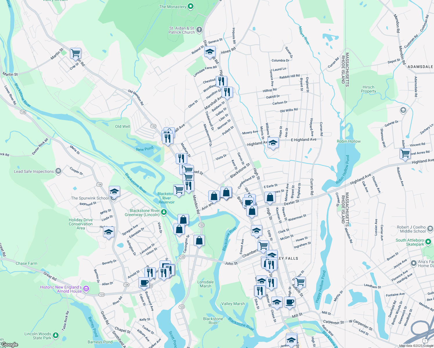 map of restaurants, bars, coffee shops, grocery stores, and more near 6 Meadowcrest Drive in Cumberland