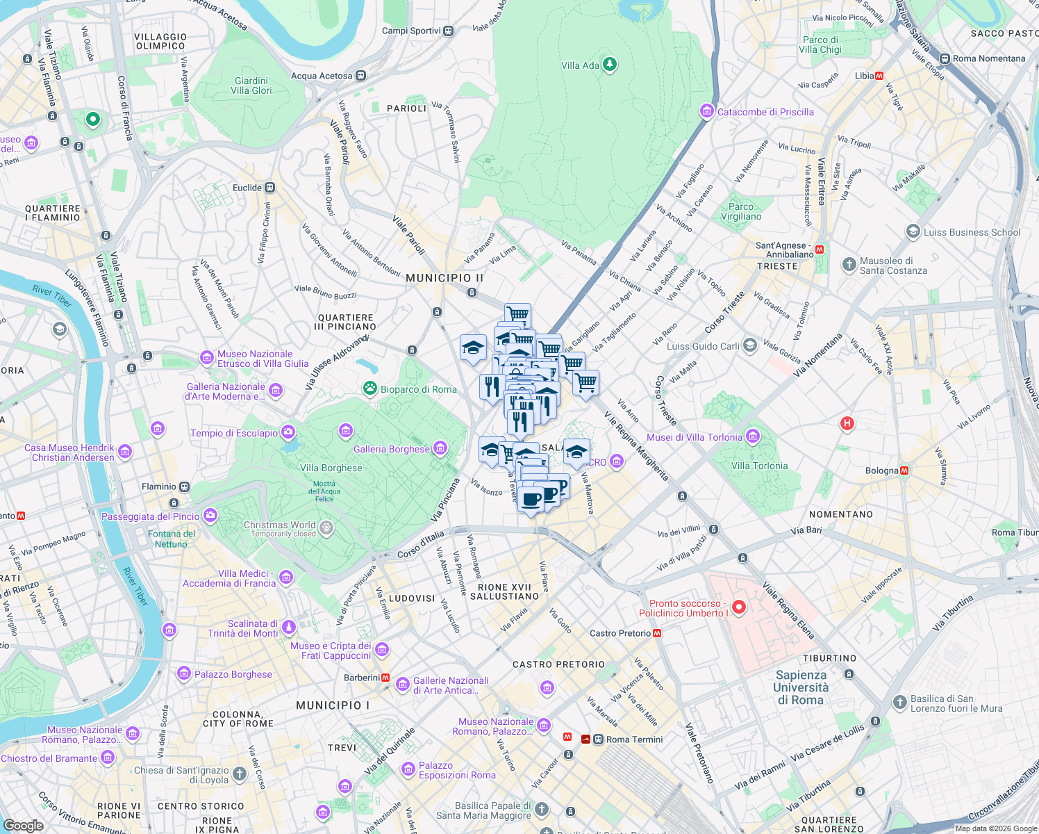 map of restaurants, bars, coffee shops, grocery stores, and more near 50/c Via Po in Roma