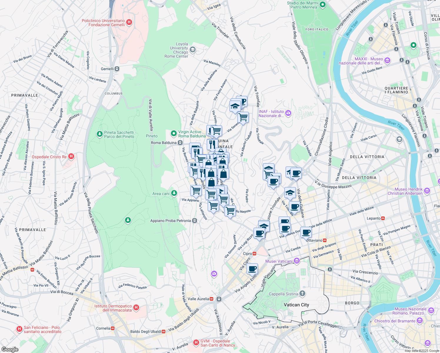 map of restaurants, bars, coffee shops, grocery stores, and more near 183 Viale delle Medaglie d'Oro in Roma