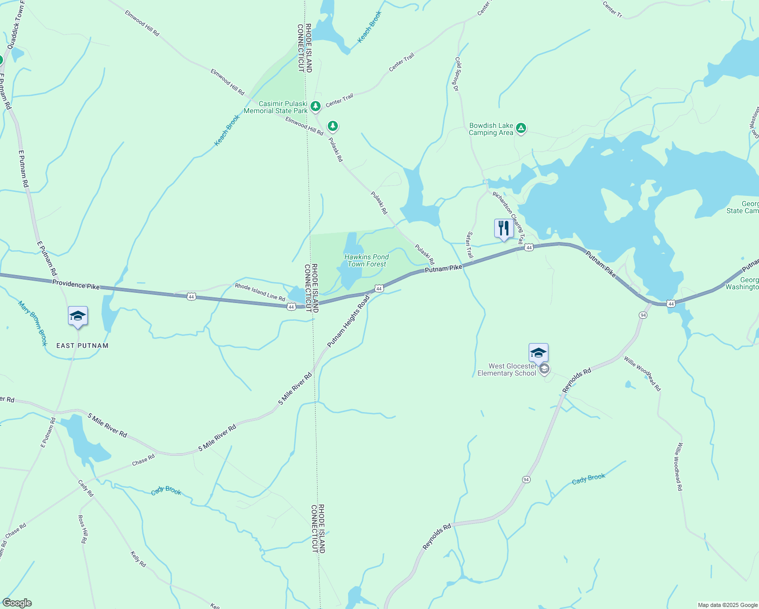 map of restaurants, bars, coffee shops, grocery stores, and more near 2 Putnam Heights Road in Glocester