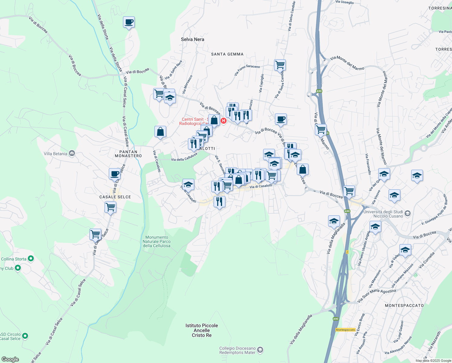 map of restaurants, bars, coffee shops, grocery stores, and more near Via Castellero in Rome