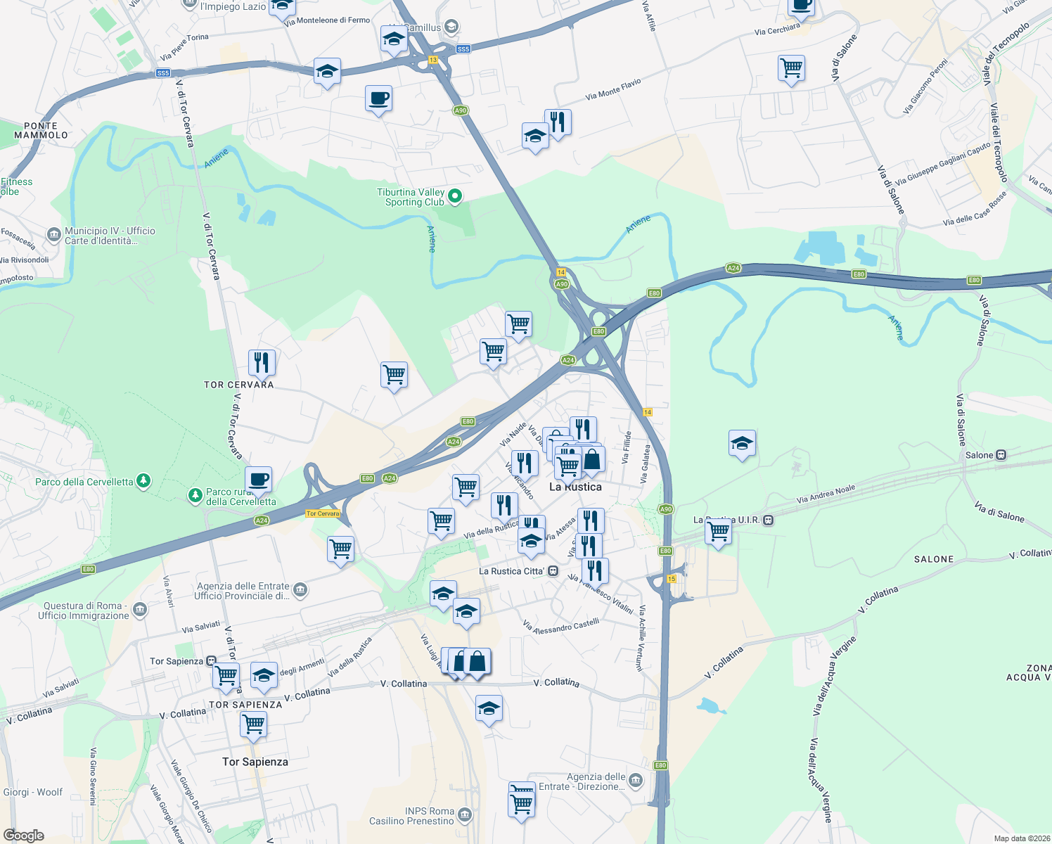 map of restaurants, bars, coffee shops, grocery stores, and more near 122 Via Naide in Roma