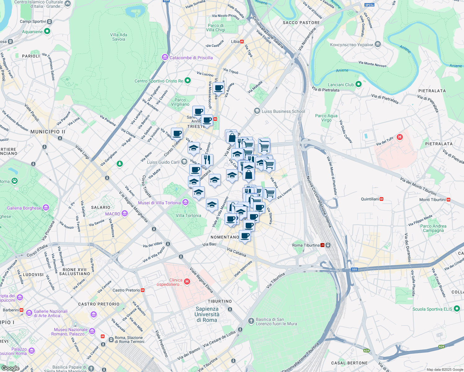 map of restaurants, bars, coffee shops, grocery stores, and more near 8 Via Giuseppe Baracconi in Roma