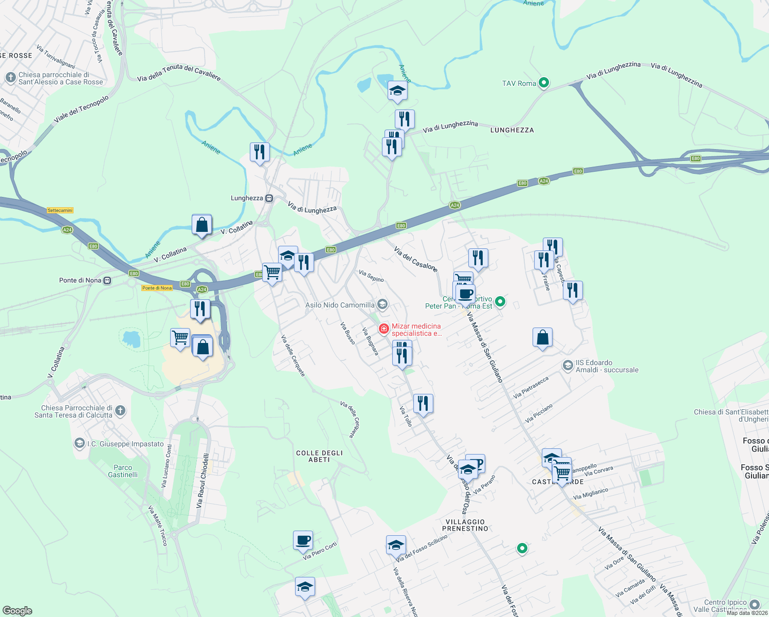 map of restaurants, bars, coffee shops, grocery stores, and more near 45 Via Rocca di Cambio in Roma