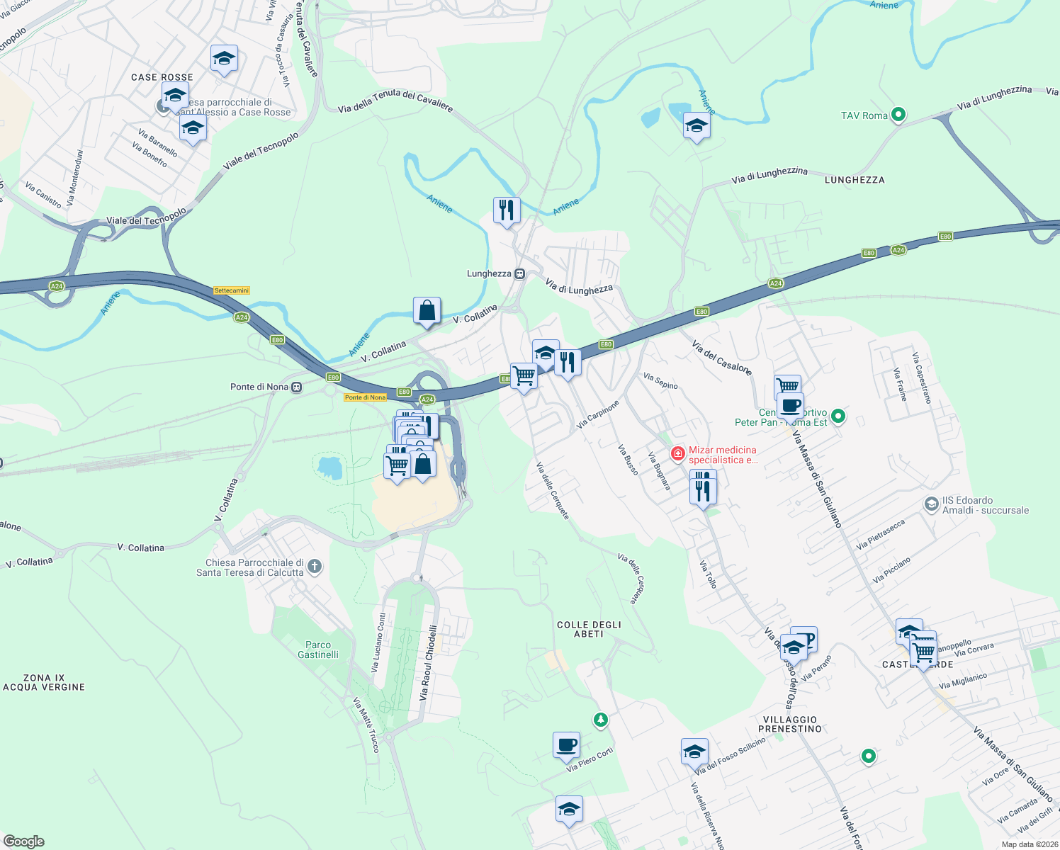 map of restaurants, bars, coffee shops, grocery stores, and more near 11 Via Carlo Roncoroni in Roma