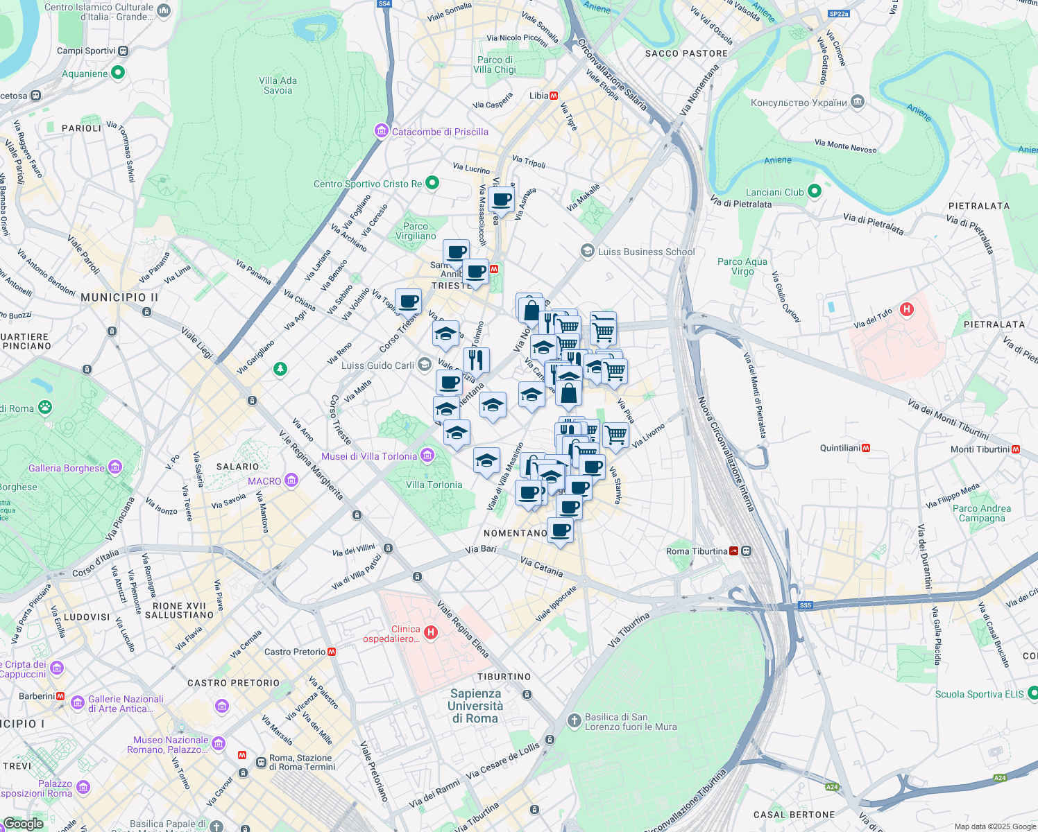 map of restaurants, bars, coffee shops, grocery stores, and more near 2-8 Via Giuseppe Baracconi in Rome