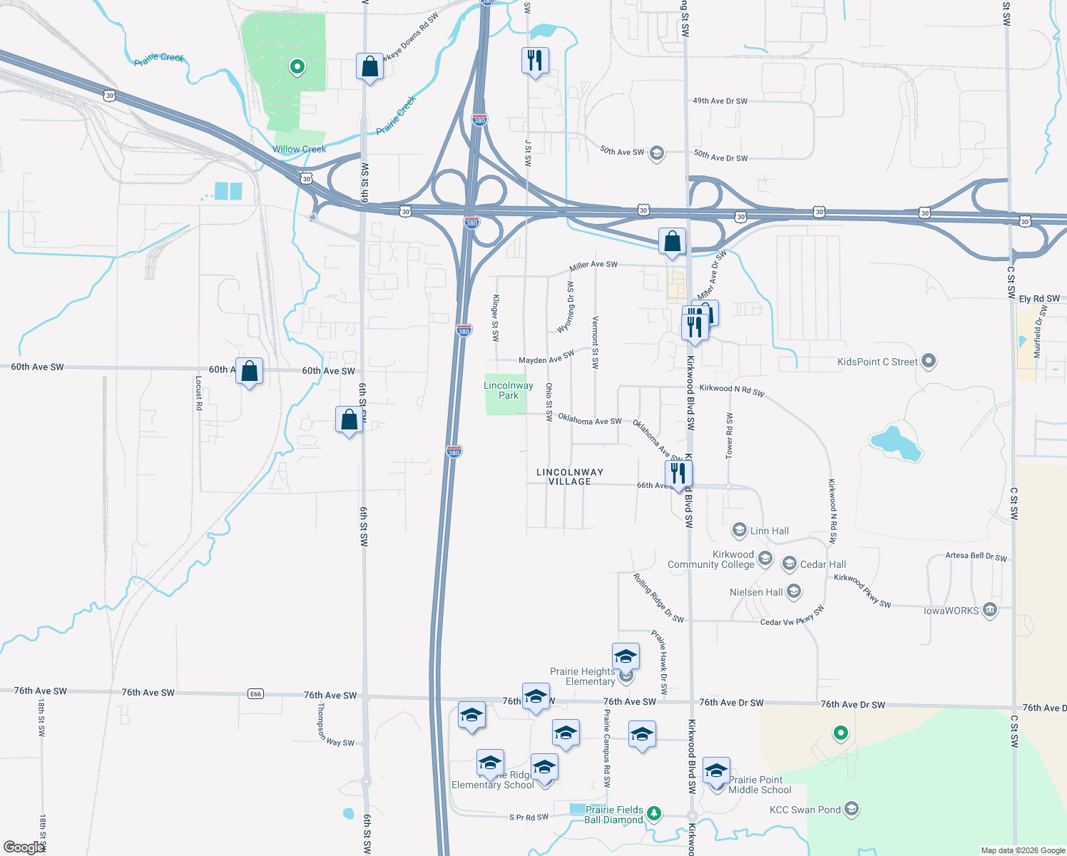 map of restaurants, bars, coffee shops, grocery stores, and more near 5701 J St SW in Cedar Rapids