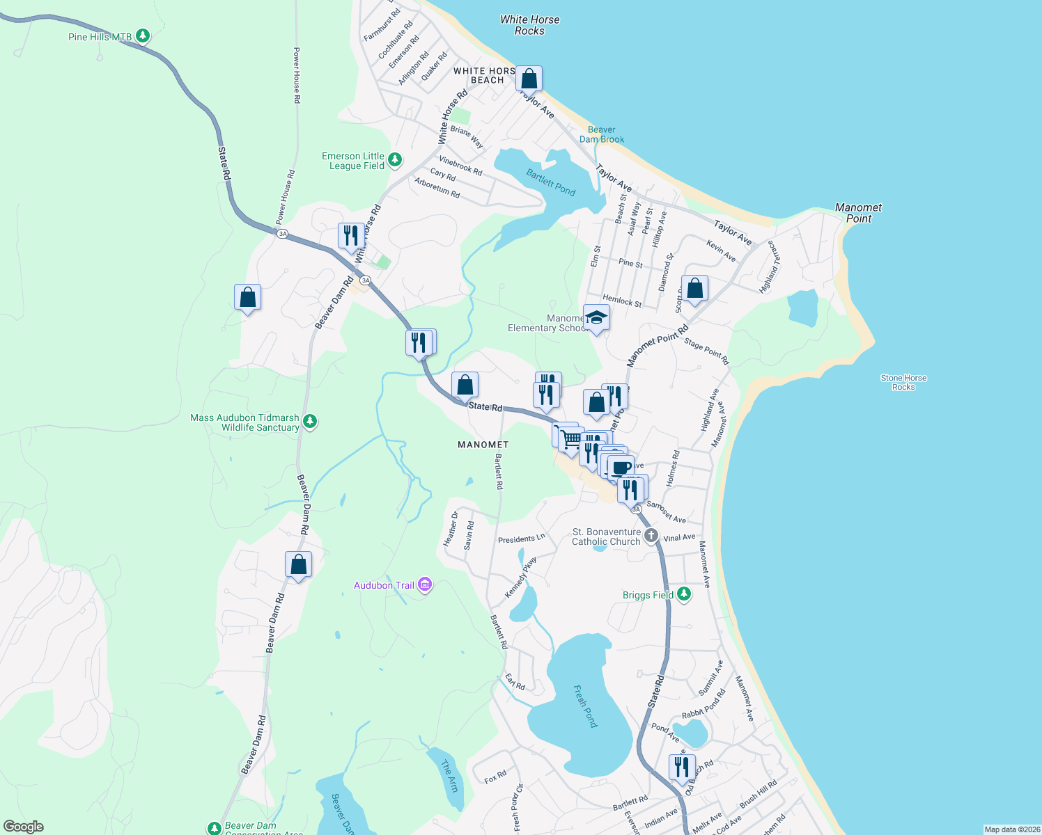 map of restaurants, bars, coffee shops, grocery stores, and more near 669 State Road in Plymouth