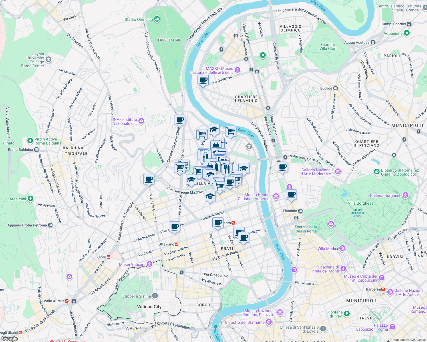 map of restaurants, bars, coffee shops, grocery stores, and more near 11 Via Col di Lana in Roma