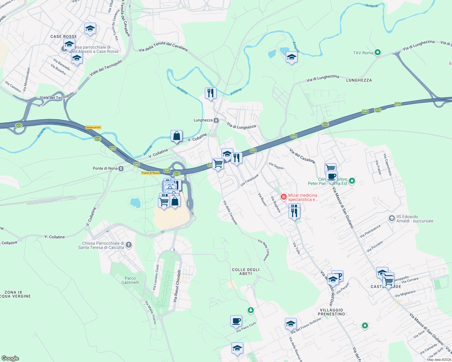 map of restaurants, bars, coffee shops, grocery stores, and more near 11 Via Carlo Roncoroni in Roma