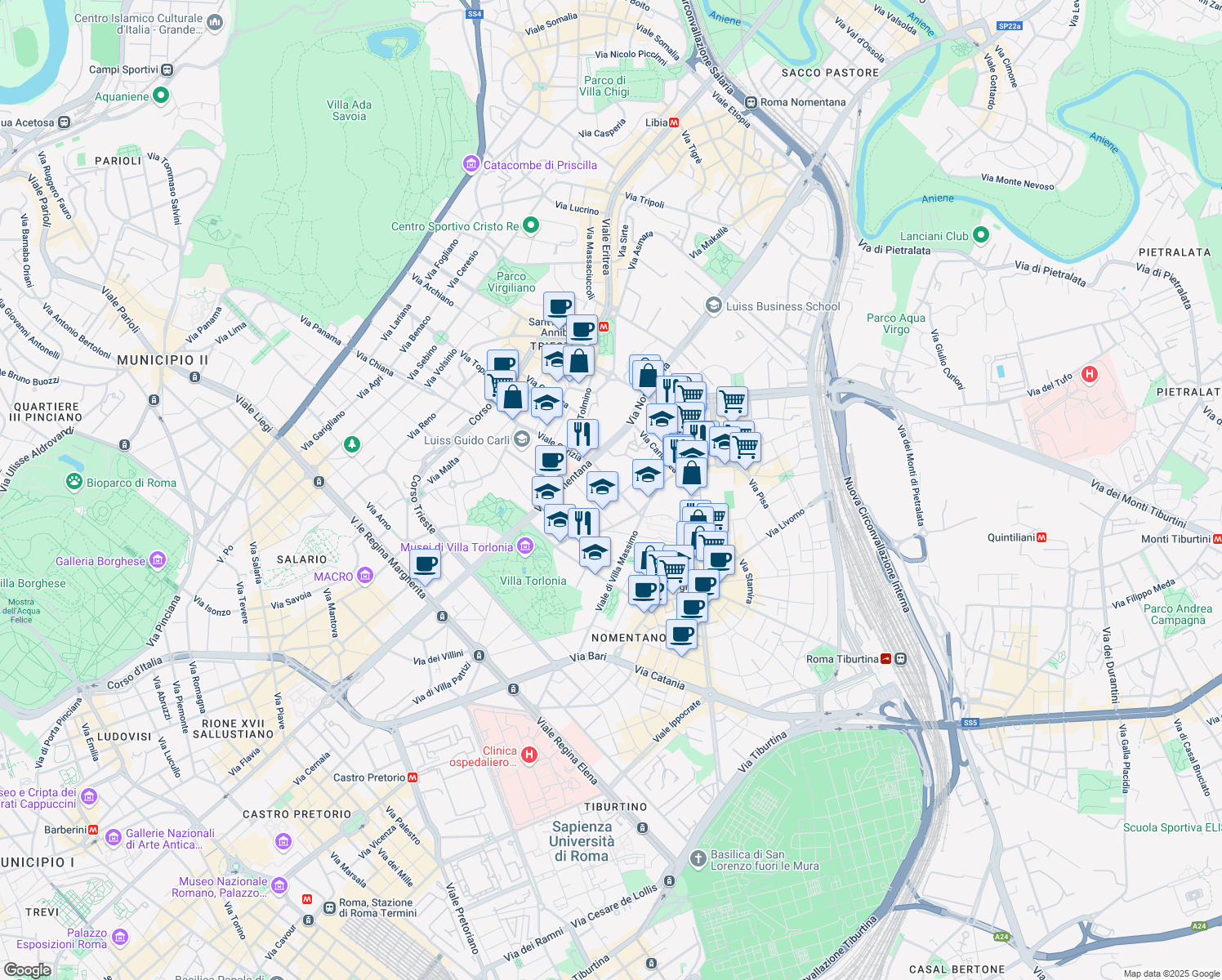 map of restaurants, bars, coffee shops, grocery stores, and more near 12 Via Antonio Nibby in Roma