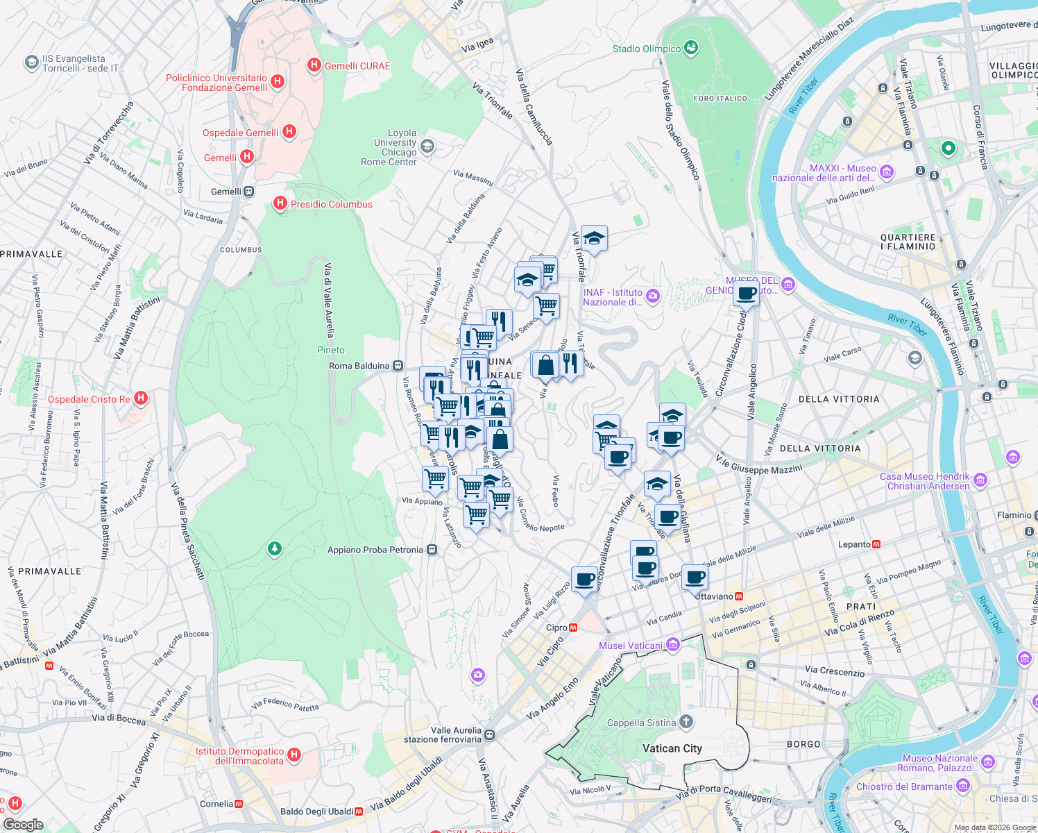 map of restaurants, bars, coffee shops, grocery stores, and more near 65 Viale Tito Livio in Roma