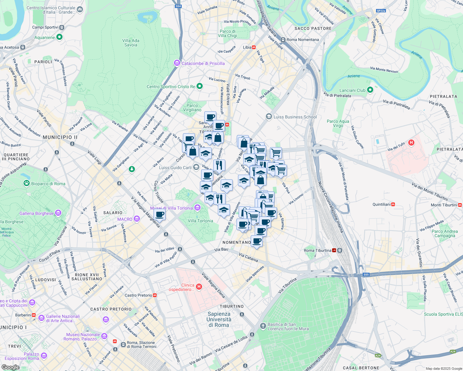 map of restaurants, bars, coffee shops, grocery stores, and more near 2-12 Via Antonio Nibby in Rome