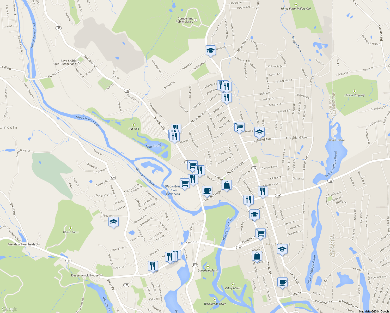 map of restaurants, bars, coffee shops, grocery stores, and more near 22 Maybury Street in Cumberland