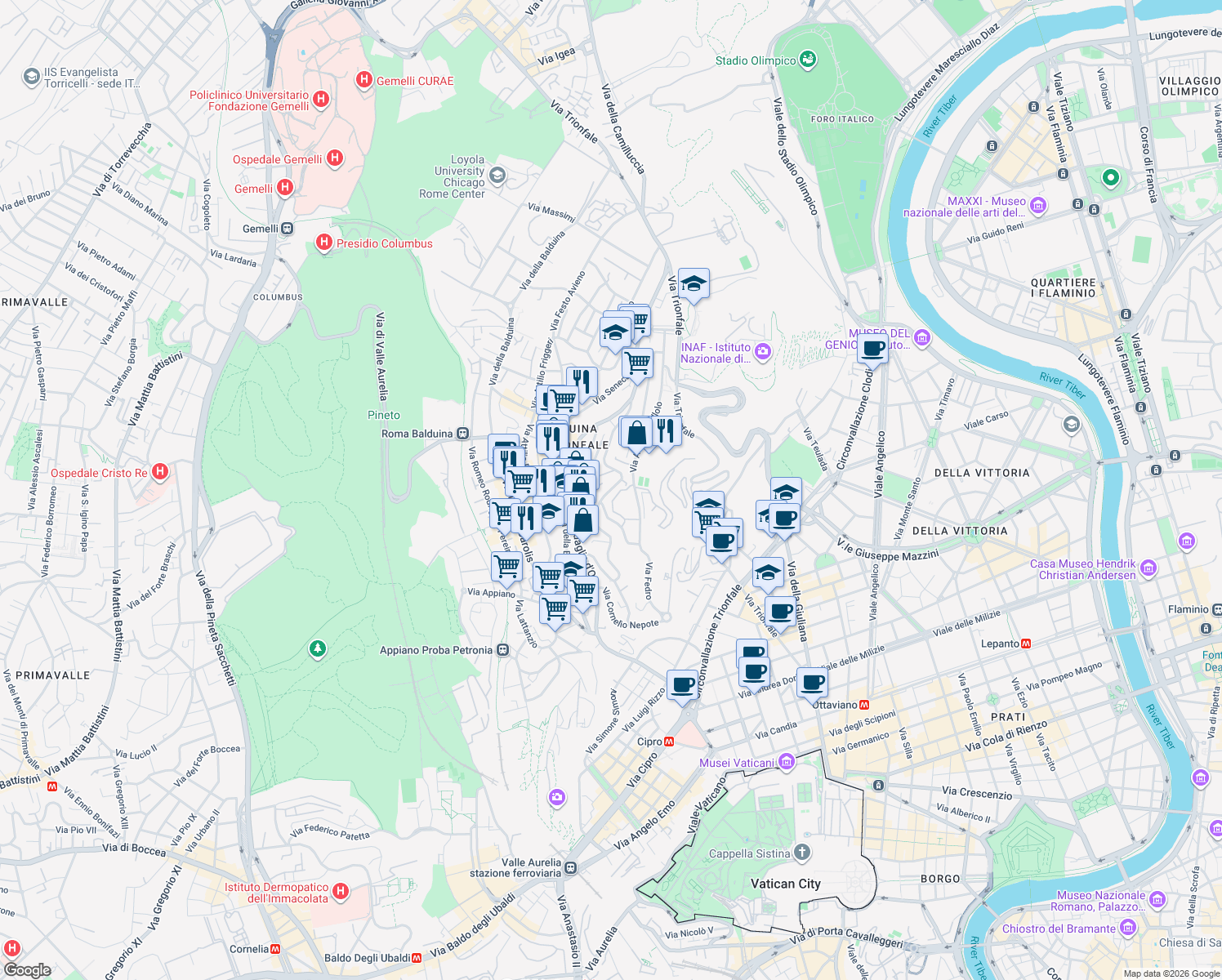 map of restaurants, bars, coffee shops, grocery stores, and more near 65 Viale Tito Livio in Rome