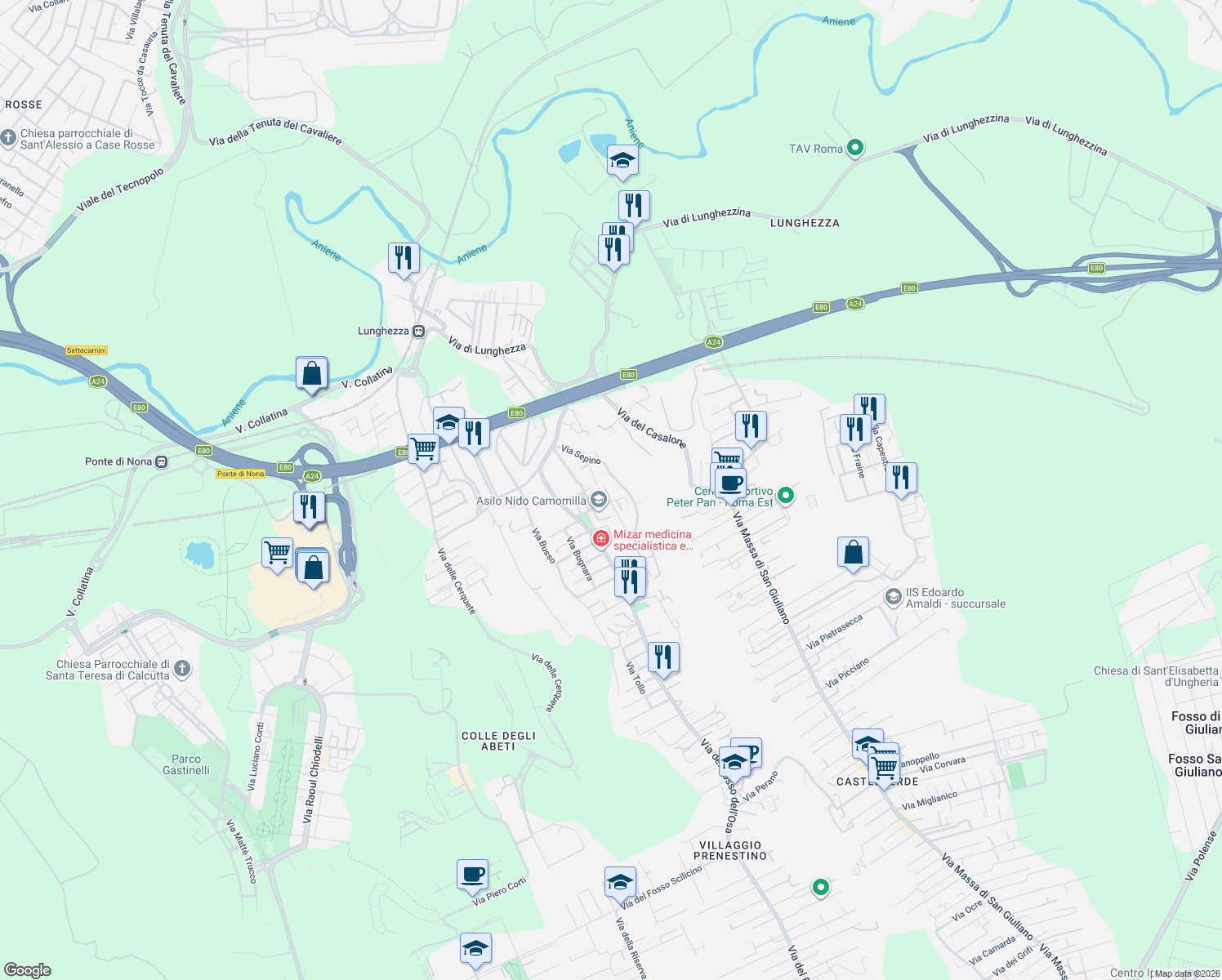 map of restaurants, bars, coffee shops, grocery stores, and more near 45 Via Rocca di Cambio in Roma