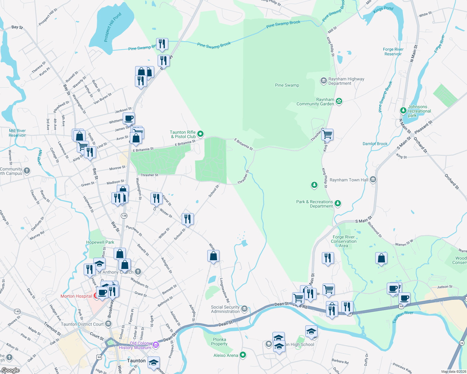 map of restaurants, bars, coffee shops, grocery stores, and more near 367 Thrasher Street in Taunton
