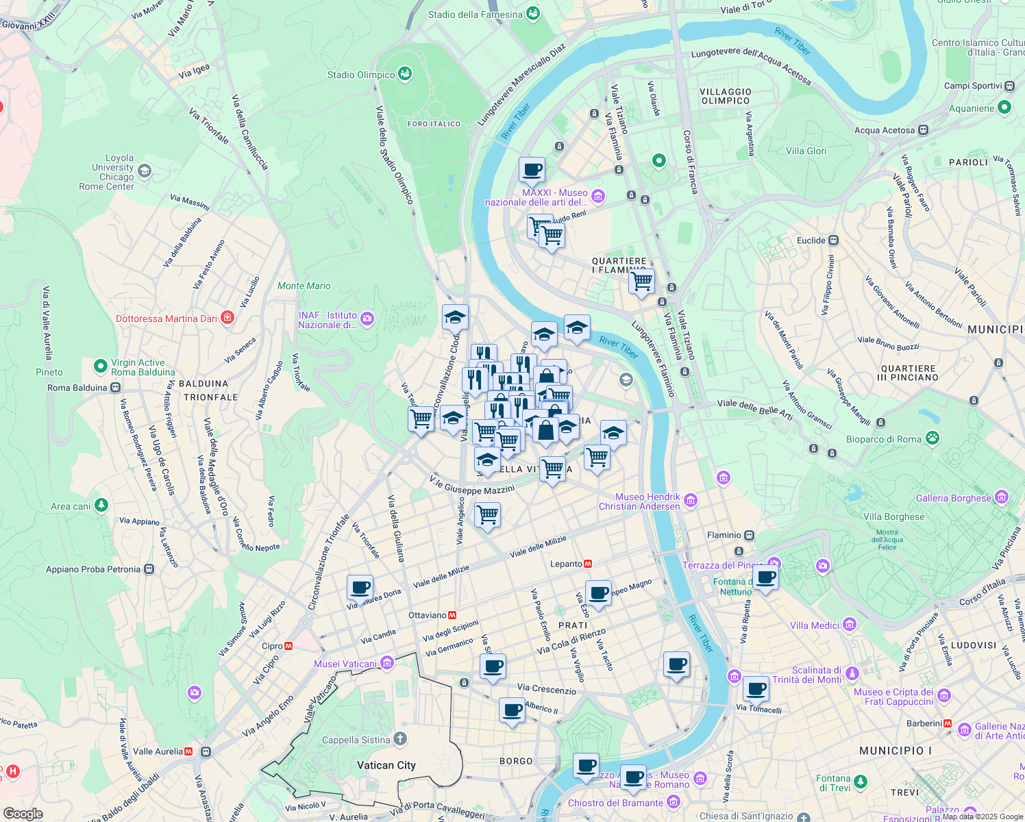 map of restaurants, bars, coffee shops, grocery stores, and more near 51 Via Oslavia in Rome