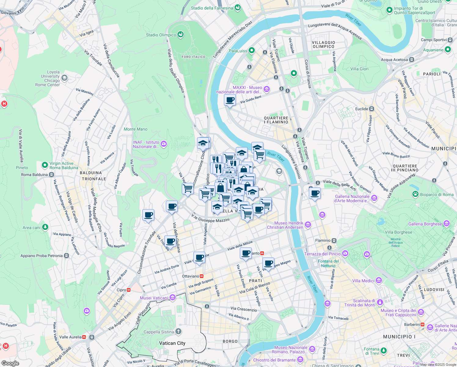 map of restaurants, bars, coffee shops, grocery stores, and more near 51 Via Oslavia in Roma