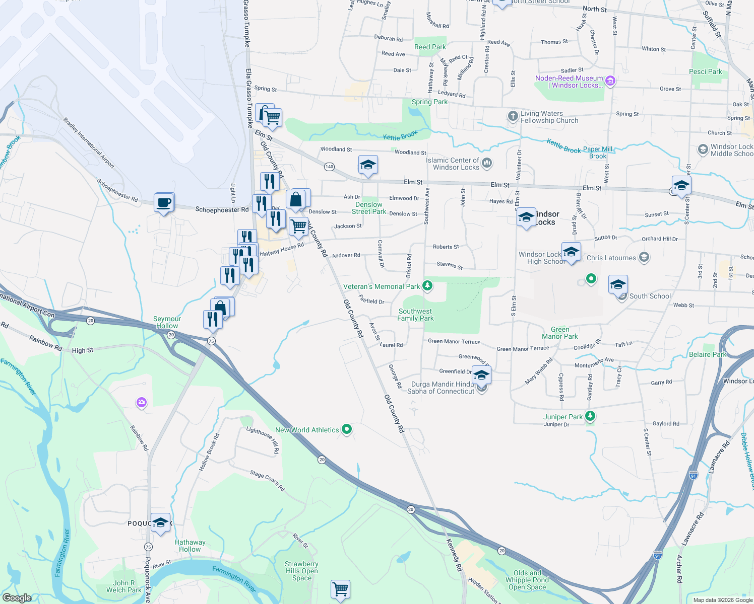 map of restaurants, bars, coffee shops, grocery stores, and more near 35 Fairfield Drive in Windsor Locks
