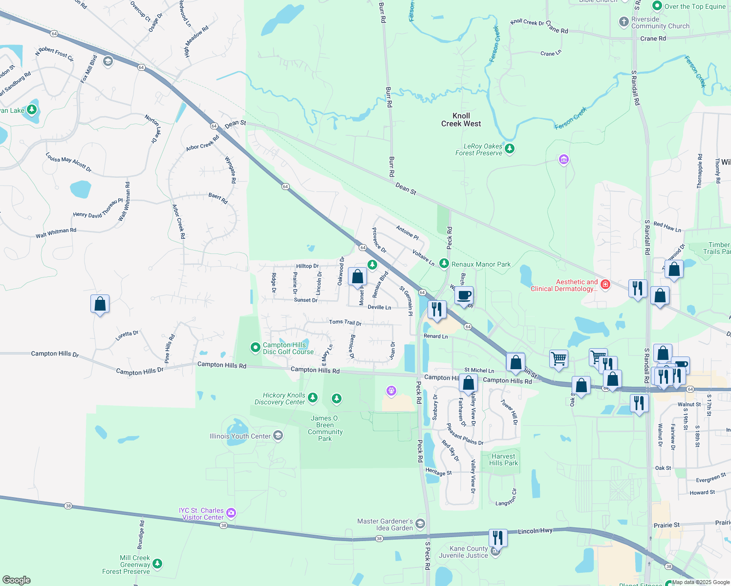 map of restaurants, bars, coffee shops, grocery stores, and more near 166 Monet Place in St. Charles