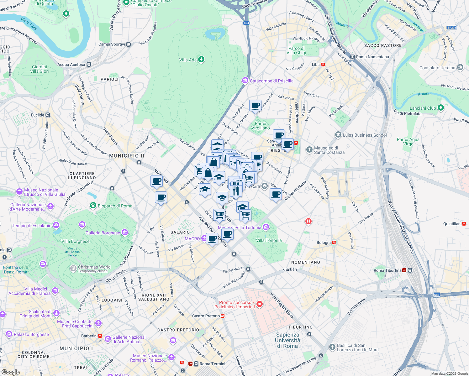 map of restaurants, bars, coffee shops, grocery stores, and more near 59 Corso Trieste in Roma