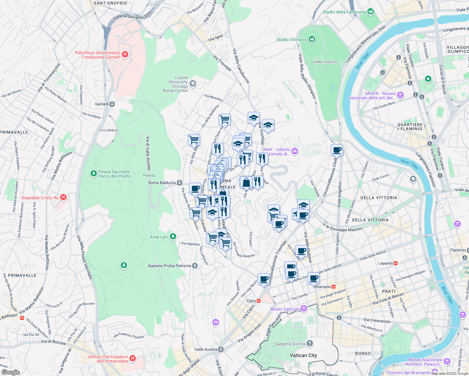 map of restaurants, bars, coffee shops, grocery stores, and more near 101-151 Viale Tito Livio in Rome