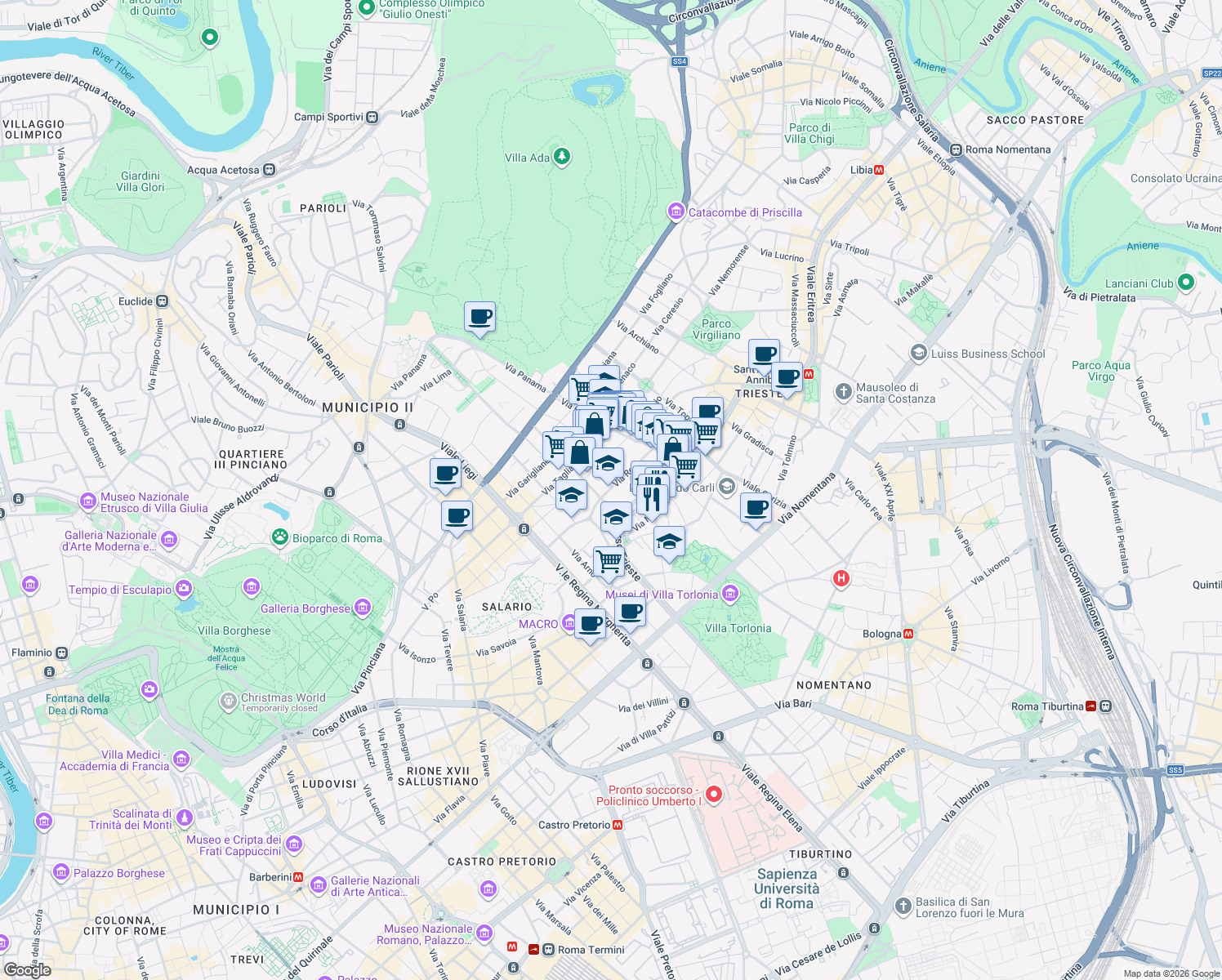 map of restaurants, bars, coffee shops, grocery stores, and more near 4 Via Reno in Roma