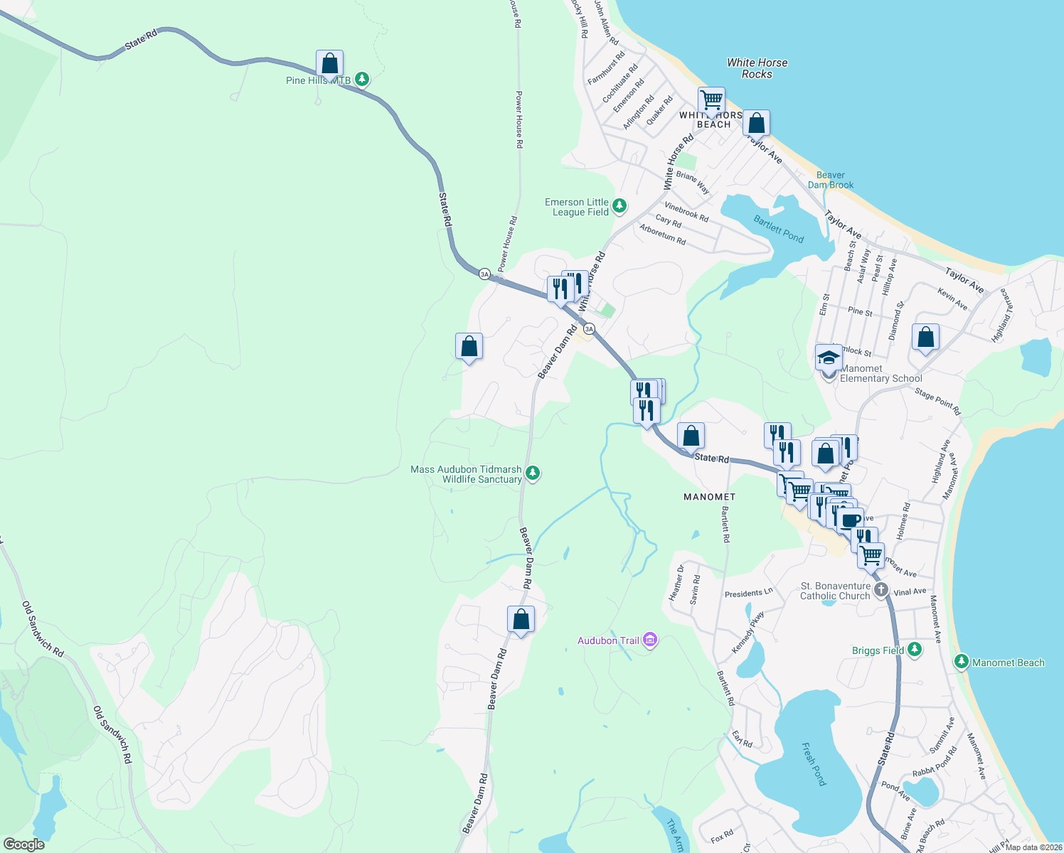 map of restaurants, bars, coffee shops, grocery stores, and more near 22 Beaver Dam Road in Plymouth