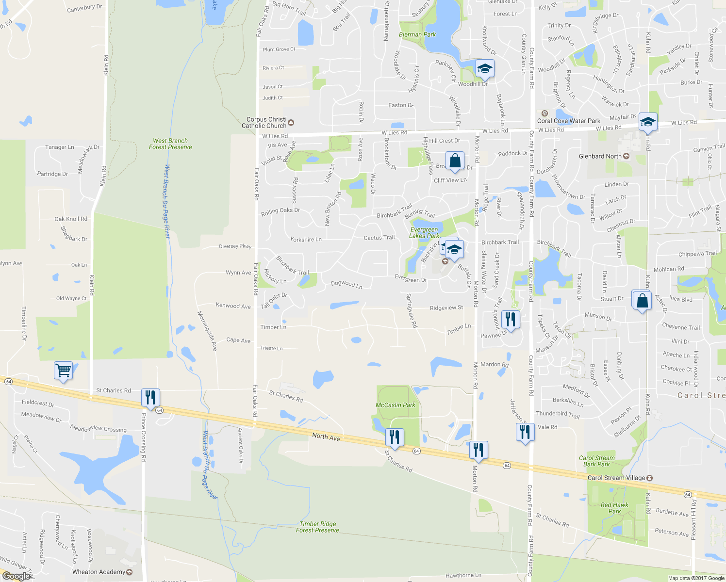 map of restaurants, bars, coffee shops, grocery stores, and more near 1212 Dogwood Lane in Carol Stream