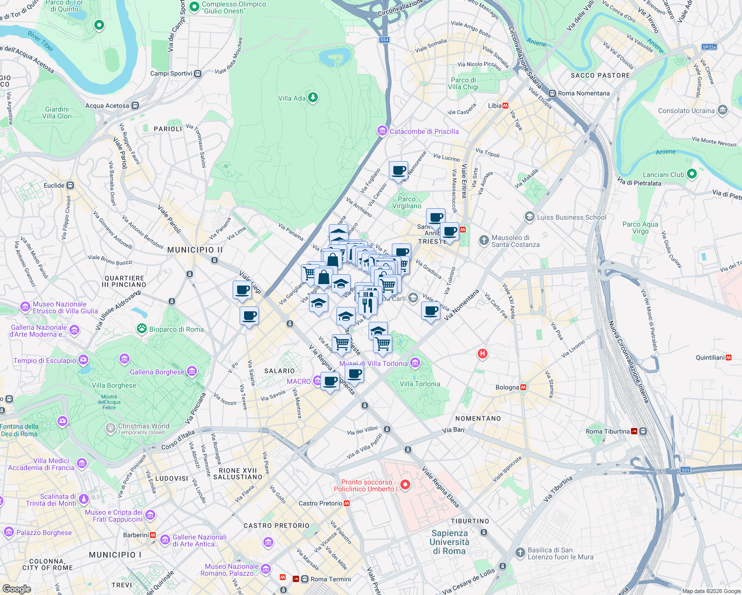 map of restaurants, bars, coffee shops, grocery stores, and more near 59 Corso Trieste in Roma