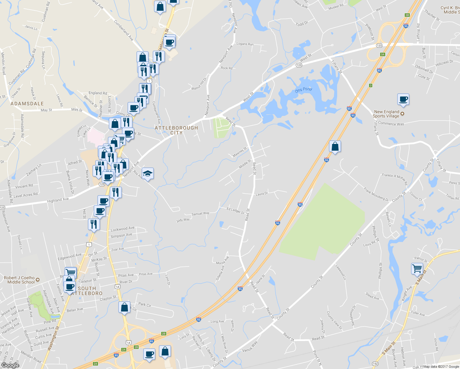 map of restaurants, bars, coffee shops, grocery stores, and more near 10 Woodside Avenue in Attleboro
