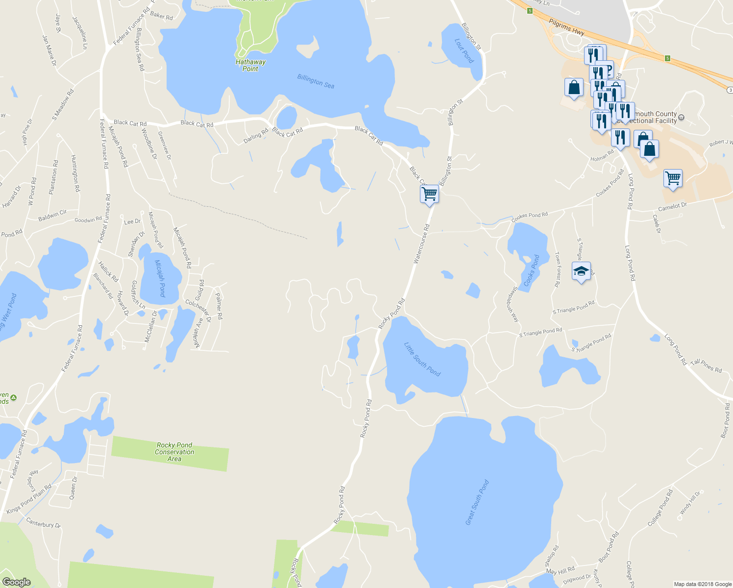 map of restaurants, bars, coffee shops, grocery stores, and more near 109 Watercourse Place in Plymouth