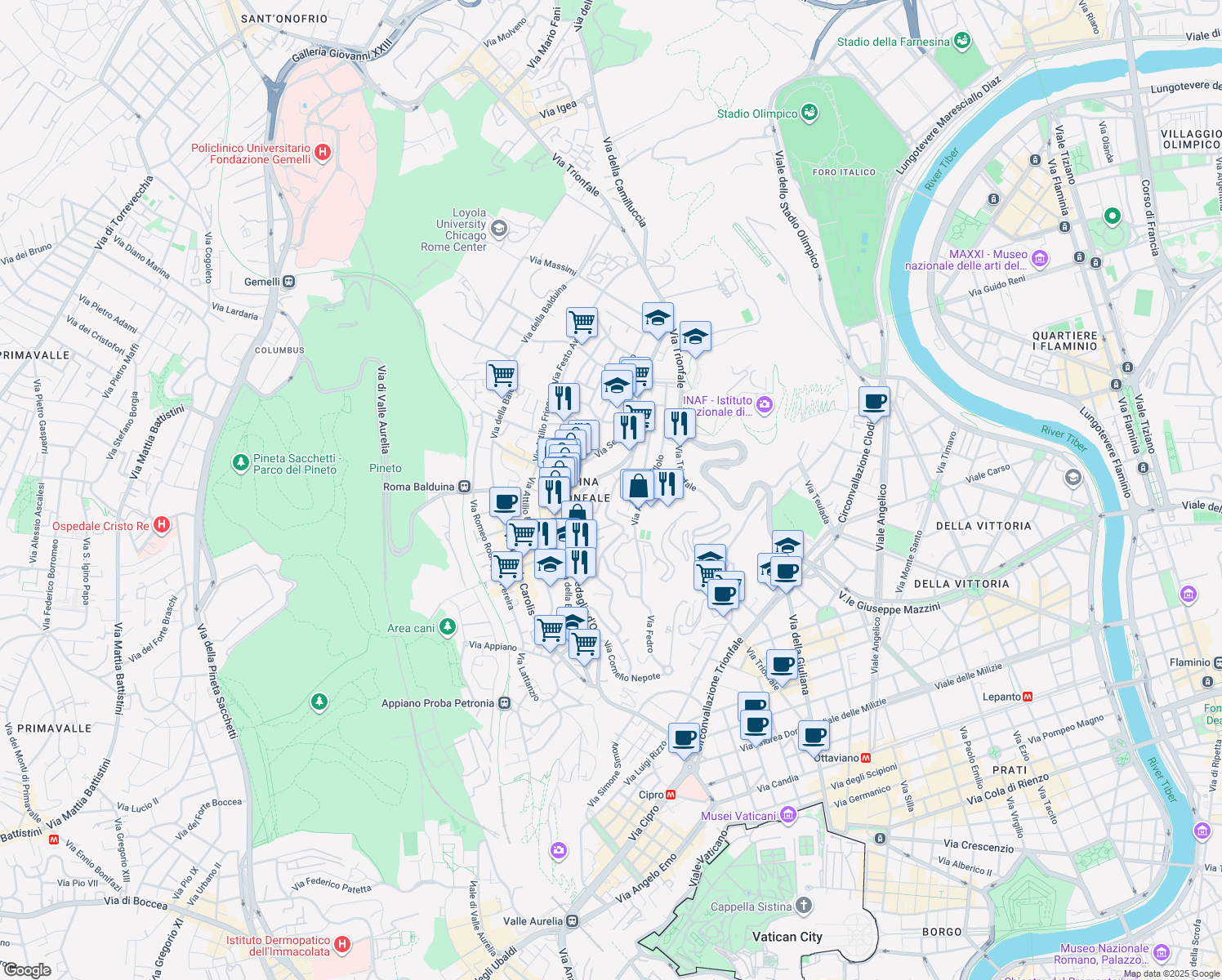 map of restaurants, bars, coffee shops, grocery stores, and more near 151 Viale Tito Livio in Roma