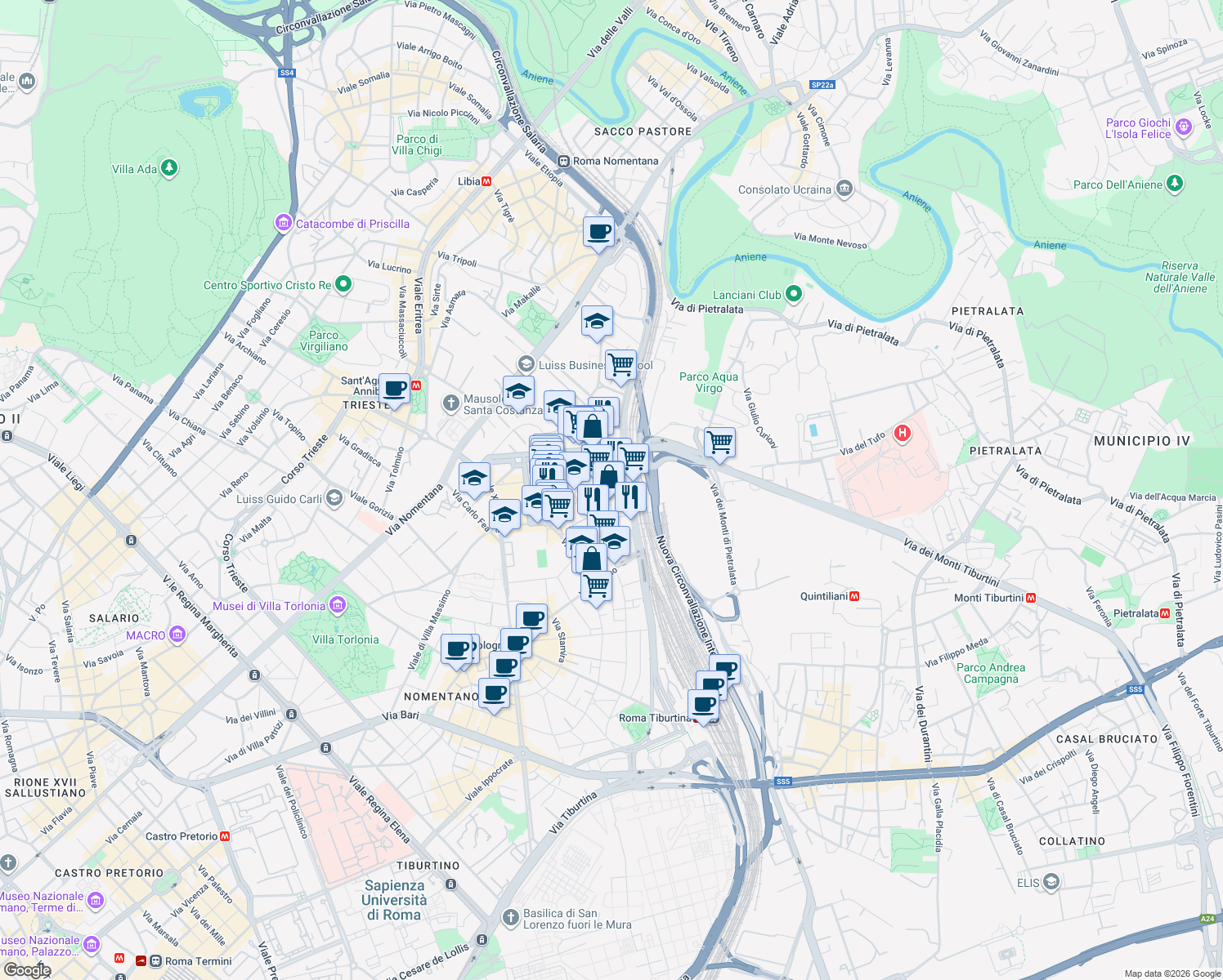 map of restaurants, bars, coffee shops, grocery stores, and more near 280 Circonvallazione Nomentana in Roma