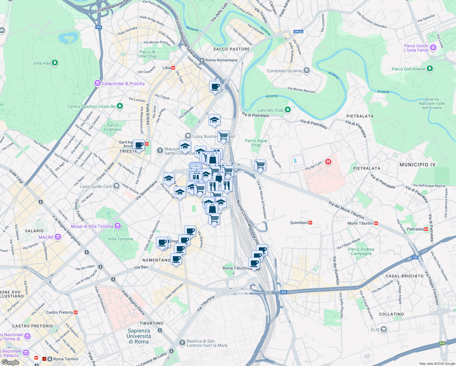 map of restaurants, bars, coffee shops, grocery stores, and more near 280 Via Circonvallazione Nomentana in Roma