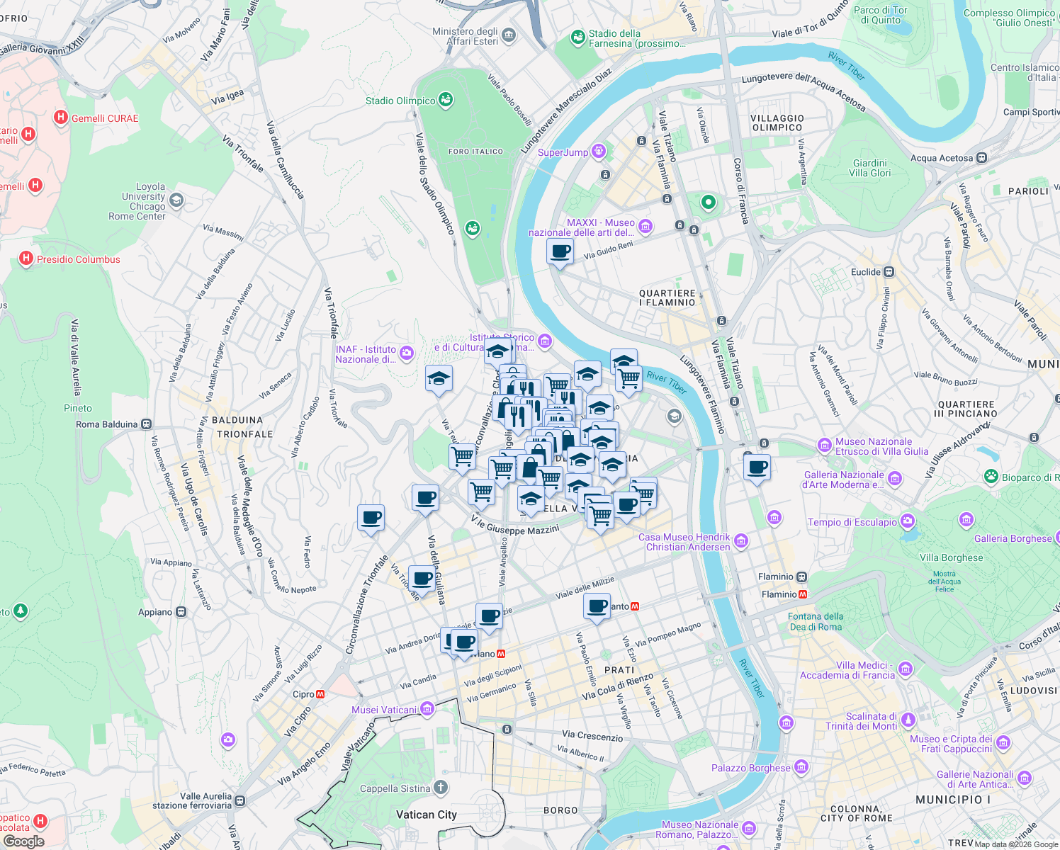 map of restaurants, bars, coffee shops, grocery stores, and more near 63-71 Via Monte Santo in Rome